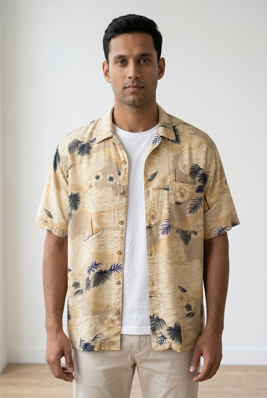 Linguine Bay Men's Short Sleeve Hawaiian Shirt with Sailboat and Palm Tree Print